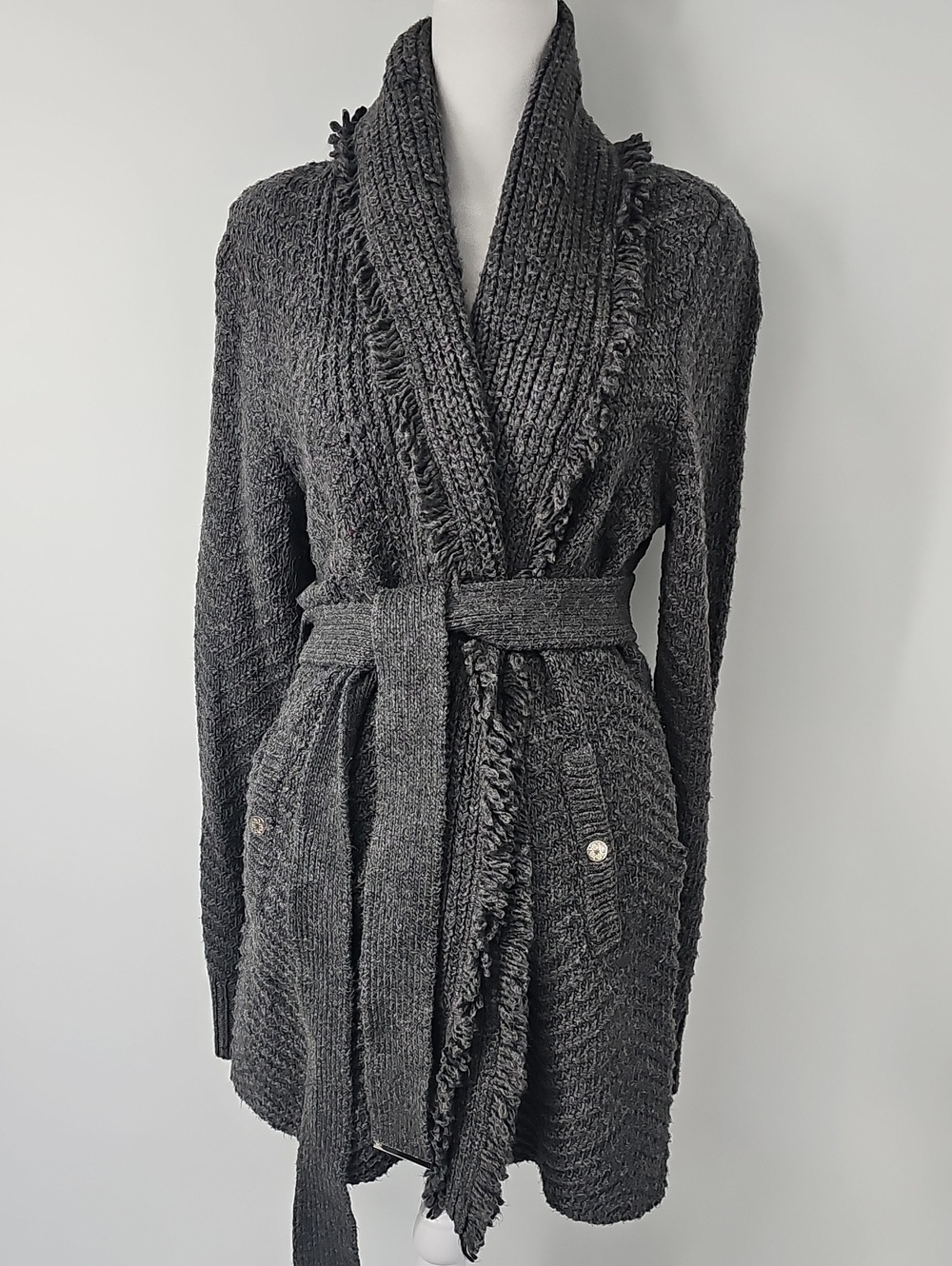 WHBM Shawl Collared Gray Cardigan Wrap Sweater wFringe Trim & Detached Belt Sz:M